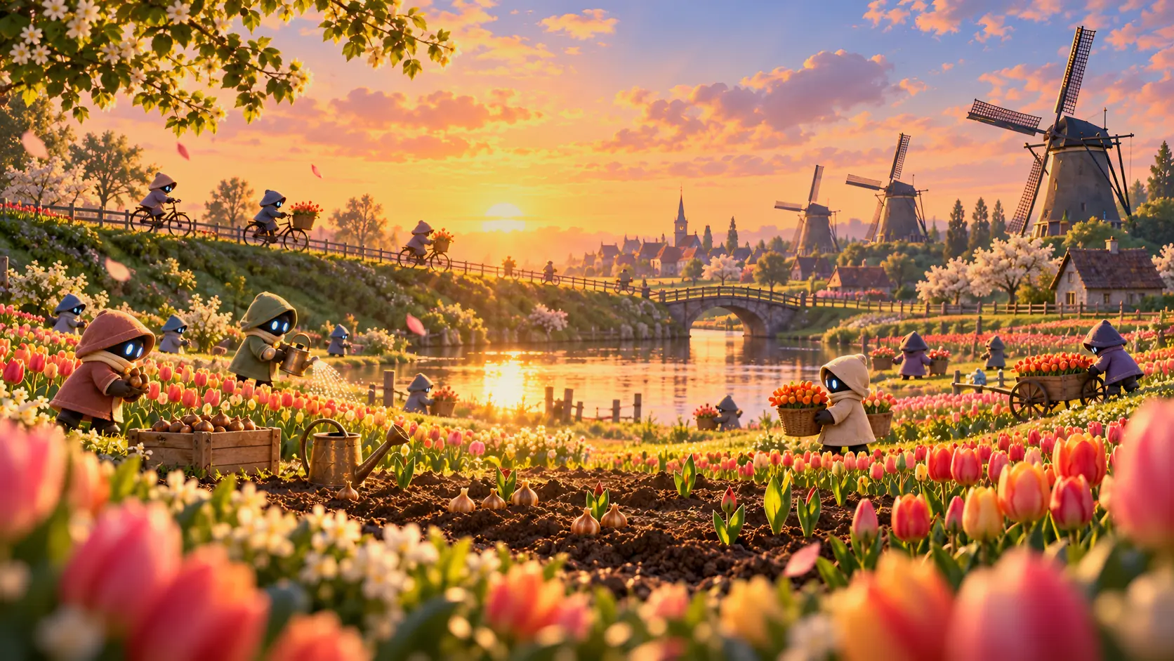 A Dutch polder at sunrise: windmills, a canal and fields of tulips, where Otto, Greatr’s guide, kneels on a soil bed to plant a tulip bulb