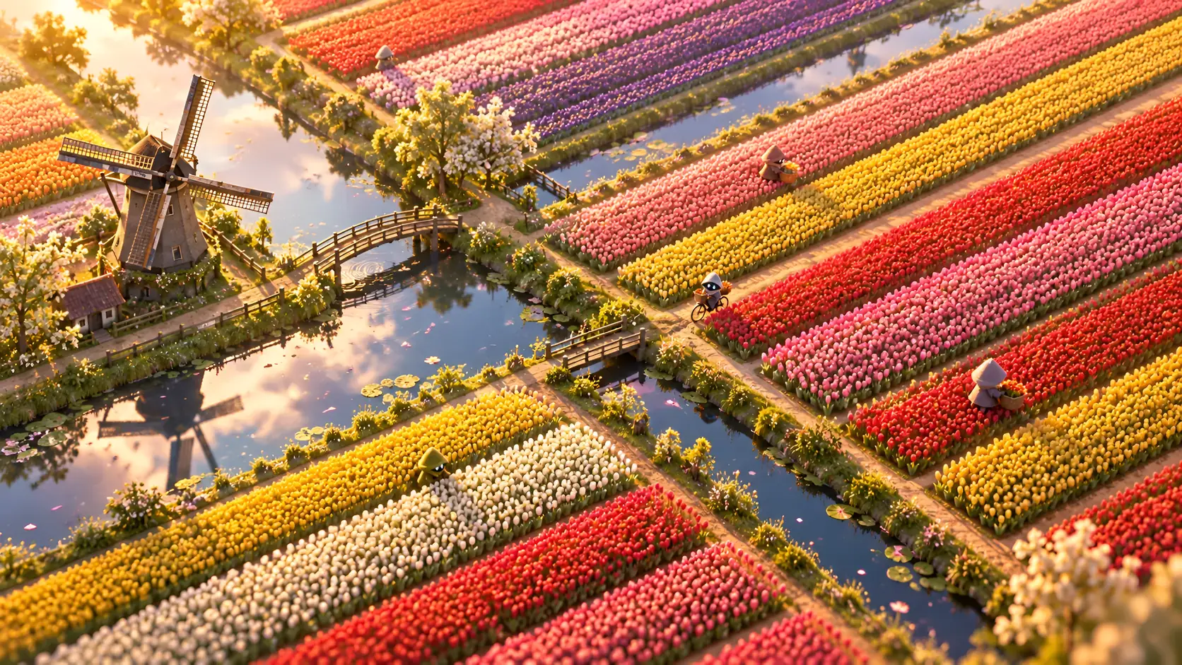Striped fields of red, pink, yellow, white and purple tulips seen from above, cut by canals and little bridges, with a windmill