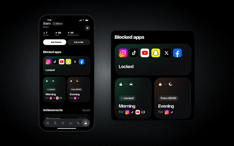 Greatr's Profile on an iPhone: the Blocked apps card with six social apps locked, and the Morning and Evening locks, shown enlarged beside the phone.