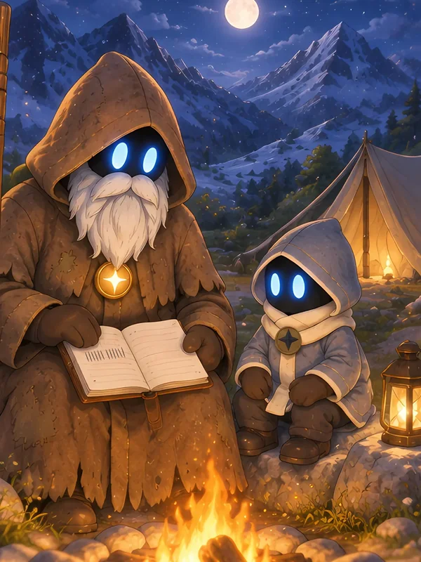 Under a full moon, an old bearded guide reads aloud from a book by the campfire while Otto sits beside him with a lantern, a glowing tent behind them.
