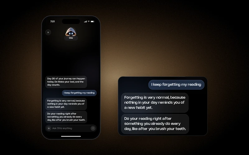 Greatr's chat with Otto on an iPhone, where Otto suggests doing a new reading habit right after brushing your teeth.