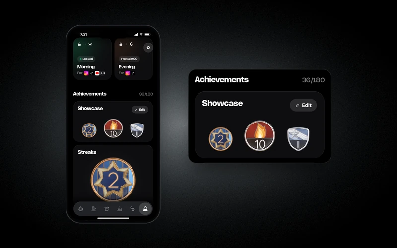 Greatr's Profile on an iPhone: Achievements at 36 of 180, three Showcase medals and a Streaks medal, shown enlarged beside the phone.