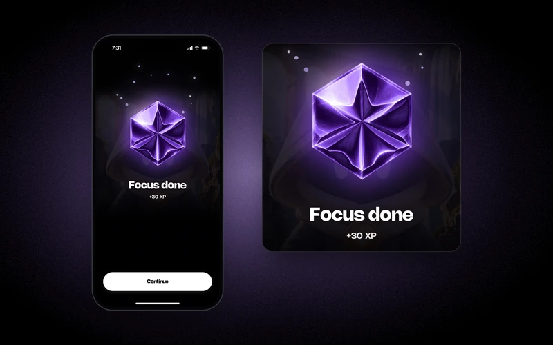Greatr's focus-complete screen on an iPhone: a glowing violet gem above Focus done and +30 XP, shown enlarged beside the phone.