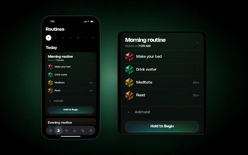 Greatr's Routines tab on an iPhone: a morning routine at 7:00 AM with Make your bed, Drink water, Meditate and Read, shown enlarged beside the phone.